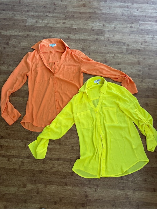 Express Tops - Express Sheer Button-Front Blouses in Orange and Neon Yellow- XS
